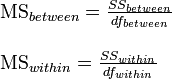 Mean squares for a one-way analysis of variance (ANOVA) formula