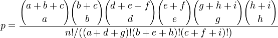 3x3 contingency table hypergeometric probability value formula