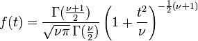 Probability density function (PDF) for the t-distribution formula